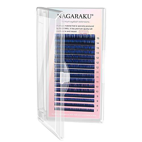 NAGARAKU Easy Fan Volume Eyelash Extensions Ombre Blue Color Lashes Supplies 0.07mm C curl Mix Tray 9-15mm Rapid Blooming Self Fanning Cluster Faux Mink Matte 16 rows