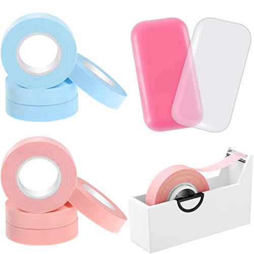 10 Rolls Eyelash Extension Tape Breathable Lash Tape Beauty Eyelash Tape Fabric Tape, 2 Pieces Silicone Eyelash Pad with Tape Cutter Dispenser for Eyelash Extension Supply (Pink)