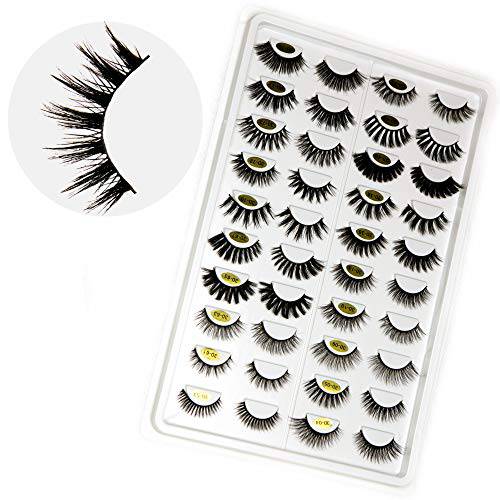 20 Pack 3D Faux Mink Eyelashes, Silk False Eyelashes, Volume Lashes for Women, Dramatic Lash Strips, Wispy, Fluffy, Handmade and Reusable, 20 Pairs of Lashes, Assorted Styles, Value Pack- Black