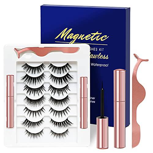 Junnzer Magnetic Eyelashes with Eyeliner Kit, Natural Looking Fake Eyelashes Kit with Tweezers, Reusable Lashes and No Glue Needed, Easy to Wear-Lasts all day | Best Gift for Girls (7 Pairs)