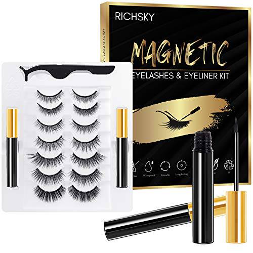 Richsky 3D Magnetic Eyelashes with Eyeliner Kit, Natural and Long Magnetic False Lashes with Eyeliner Long Lasting, 7 Pairs Reusable Fake Eyelashes with Tweezers, No Glue Needed, Easy to Wear