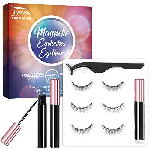 Natural Look Magnetic Eyelashes with Eyeliner Kit, EYEKESHE Short Magnetic False Lashes with Applicator-Upgraded Eyeliner,Reusable,Easy to Remove and No Glue Needed(3 Pairs)