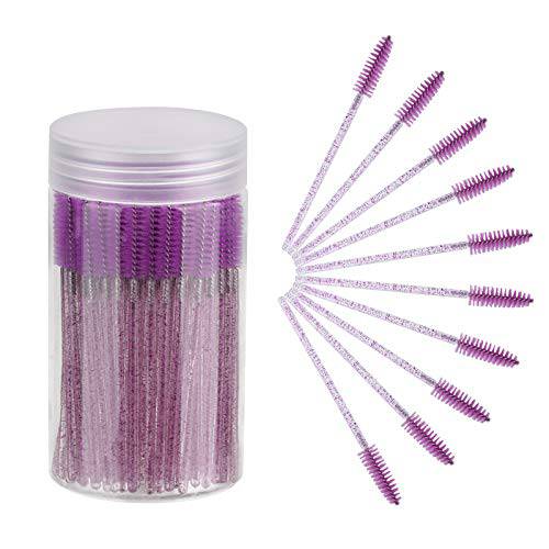 CHEFBEE 100PCS Disposable Eyelash Brush, Mascara Wands Makeup Brushes Applicators Kits for Eyelash Extensions and Eyebrow Brush with Container (Purple)