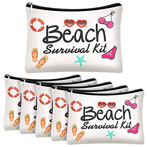 Weewooday 6 Pieces Beach Survival Kit Cosmetic Bag for Women Funny Beach Makeup Bag Gifts Beach Accessories Travel Organizer Bag Summer Cotton Case Pouch for Gifts