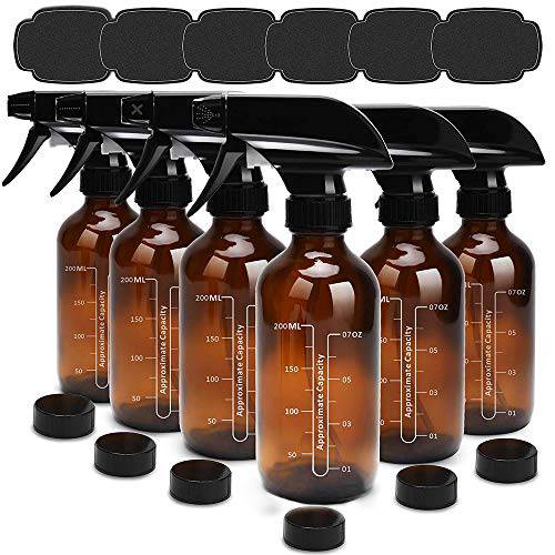 ULG Empty Glass Spray Bottles, 8 oz Boston Round Clear Bottle Heavy Duty Black Trigger Sprayer Mist and Stream Settings Refillable Container with Scale for Essential Oils Cleaning Products