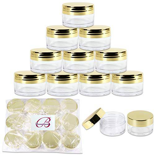 Beauticom 20g/20ml USA Acrylic Round Clear Jars with Lids for Lip Balms, Creams, Make Up, Cosmetics, Samples, Ointments and other Beauty Products (12 Pieces, Gold Lid (Flat Top))