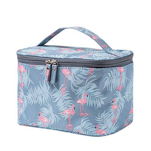 HOYOFO Makeup Bag Cosmetic Bags for Women Travel Makeup Organizer Case, Blue Flamingos