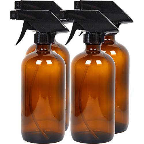 Youngever 4 Pack 16 Ounce Empty Glass Spray Bottles, Refillable Container for Essential Oils, Cleaning Products, or Aromatherapy, Trigger Sprayer with Mist and Stream Settings (Amber)