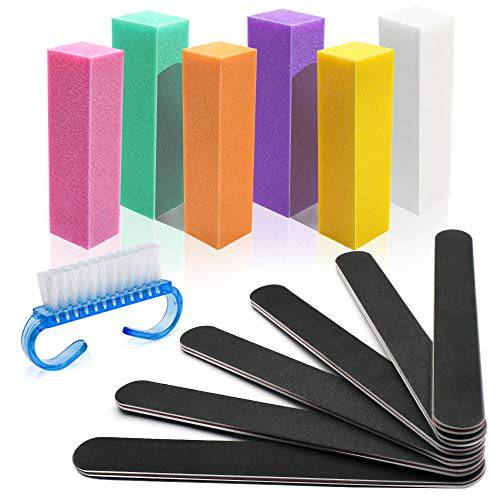 Nail Files and Buffers Kit, 100/180 Grit Emery Boards for Nails, Cube Nail Buffer Block for Acrylic Nails, Professional Manicure Tools with Glass Nail File/Smoother Buffer Block/Cleaner Brush (15Pcs)