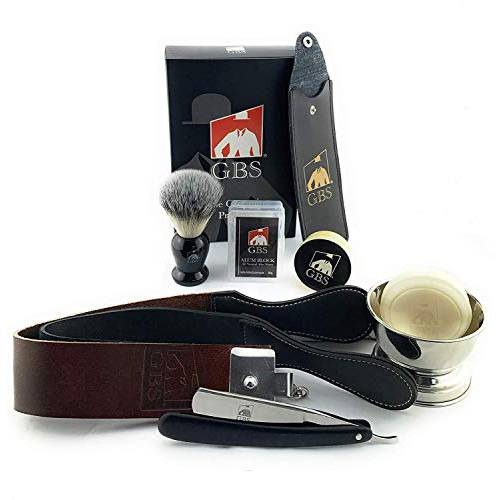 G.B.S Wet Shaving Kit for Men Shaving Kit Includes 6/8” Inch Rust-free Straight Razor with Black Wooden Handle, Synthetic Brush with chrome Shave Soap Bowl Leather Strop