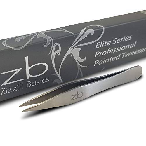 Zizzili Basics Elite Series Pointed Tweezers - Sharp Precision Tips + Surgical Grade Stainless Steel Tweezer for Professional Eyebrow and Facial Hair Removal