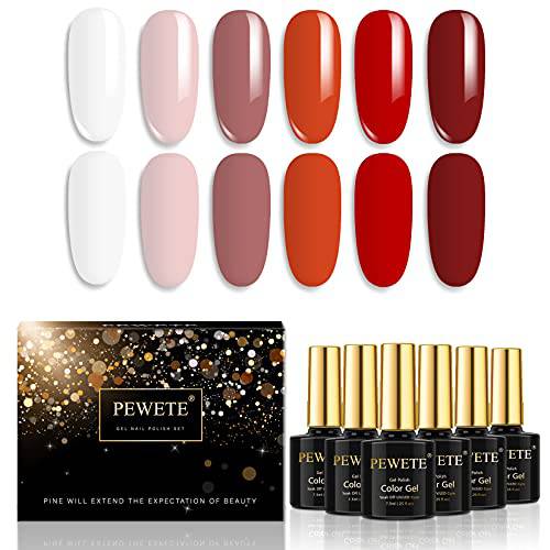 PEWETE Gel Nail Polish Kit, Romantic Valentine’s Day Red Series， 6 Colors White Nude Rose Red Wine Gel Polish Set Soak Off Gel Polish Set Ivory Nude Pink Peach Color Gel DIY Home Gifts for Women
