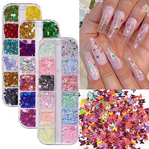 Lshndm Nail Art Supplies Holographic Butterfly Nail Art Glitter 36 ColorsSet Sparkly Nail Sequins Glitters for Nail Art Decoration Makeup DIY,Nail Glitter Flakes Contains Manicure Aid Gadgets