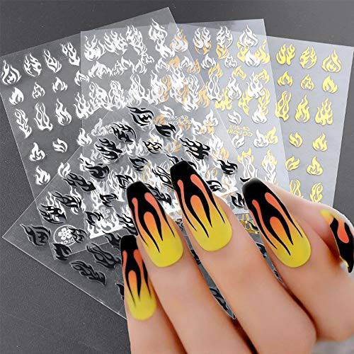 4 Colors Reflections Flame Nail Art Stickers Decals Holographic 3D Laser Gold Self-Adhesive Flame Nail Sticker Flame Nail Art Designs for Women Girls Manicure Tips Charms Decoration DIY Supplies