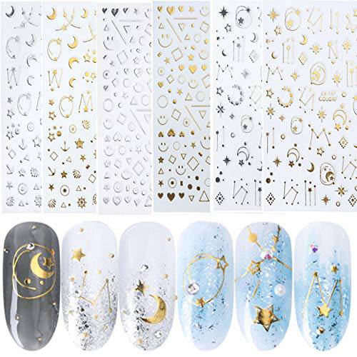 6 Sheet Gold and Silver Nail Stickers Geometric Lines Moon Stars Mixed Pattern Metal Nail Stickers Manicure DIY Design Nail Decoration