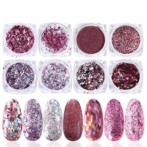 Holographic Nail Art Sequins Glitter, Simliber 8 Boxes/Set Rose Gold Pink Nail Flakes Colorful Mixed Nail Paillette Festival Glitter for Nail Design Glitter Nail Art
