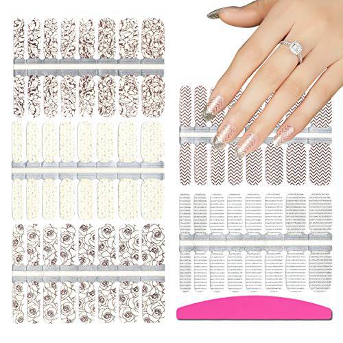 SILPECWEE 5 Sheets Rose Gold Nail Polish Strips Stickers Tips Glitter Flower with 1Pc Nail File Adhesive Full Nail Wraps Manicure Kit