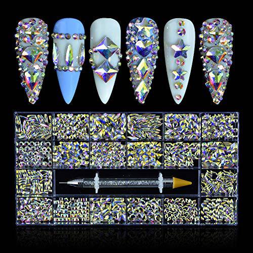 MELINDS 8620Pcs Nail Art Multi Shapes AB Crystal Rhinestones 3D Flatback Crystals Gems AB Colorful Mini Beads Set with Rhinestones Picker