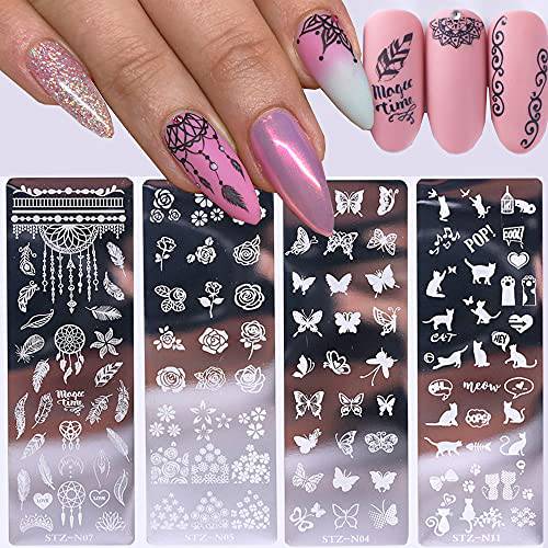Nail Stamp Plates Set 4Pcs Butterfly Flower Leaf Nail Stamping Plates Template Image Plate DIY Stainless Steel Nail Stencils Nail Image Polish Template Kit Nail Stampers for Women Decorations Design