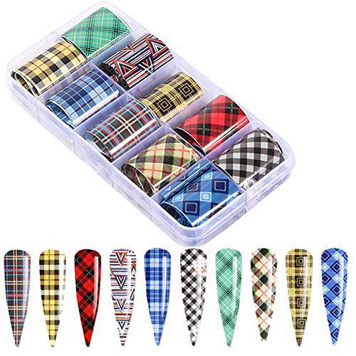 10 Rolls Christmas Nail Foil Transfer Stickers,Buffalo Plaid Designs Nail Foil Adhesive Decals Nail Art Supplies Holographic Foil Stickers Set Nail Tips Manicure Women Girls DIY Nail Art Decorations