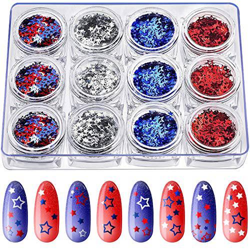 12 Boxes Independence Day Star Glitters Holographic Nail Art Decals Red Blue Silver Mixed Star and Hollow Star Shaped Nail Sequins 4th of July Nail Decals for DIY Nail Art Eye Face Body Decor Crafts