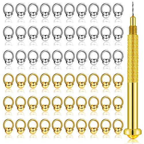 61 Pieces Dangle Nail Piercing Charms Set, Nail Art Piercing Tool Hand Drill and Beaded Rings Jewelry Rings for Tips, Acrylic, Gels and Decorations (Gold, Silver)