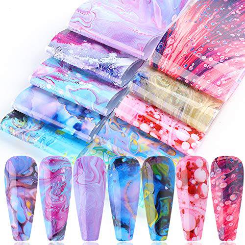 Marble Nail Art Foil Transfer Stickers Decals Nail Art Supplies Nail Art Flow Color Foil Transfers Holographic Starry Sky Marble Colorful Designs for Women Manicure Tips Wraps Nail Decorations 10 PCS