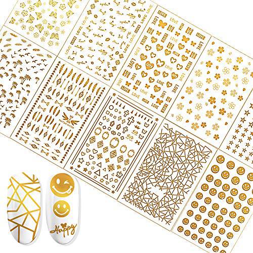 Fanoshon Gold Nail Art Stickers Self Adhesive Decals for Women Girls False Acrylic Nails, 600+ Metallic Foil Butterfly Flower Stars Heart Lines Letters Nail Charm Decor for Fingernail Toenail Manicure