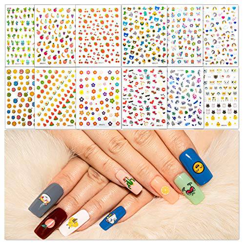 B.M.B.L Nail Stickers for Nail Art, Self-Adhesive Nail Art Stickers Decals, Flower, Smiley Face, Clouds, Leaf, Fruit, Kitty, Anime, Rainbow Nail Designs (1200 Patterns)