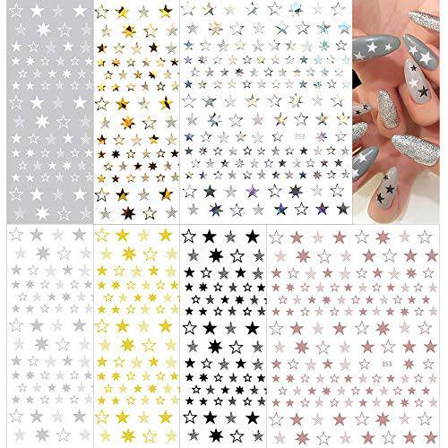 Star Nail Art Stickers Decal 3D Self-Adhesive Sparkly Star Nail Supplies 7 Sheets Holographic Laser Stars Stickers Nail Design Glitter Shiny Luxury Decoration for Women Girls DIY Manicure Tips