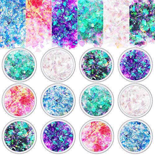 Mermaid Nail Sequins Holographic Glitters Chunky Iridescent Flakes Colorful Fluorescent Glass Paper Iridescent Flakes Sticker for Face Eyes Body Hair Nail Art Decoration (24 Boxes)