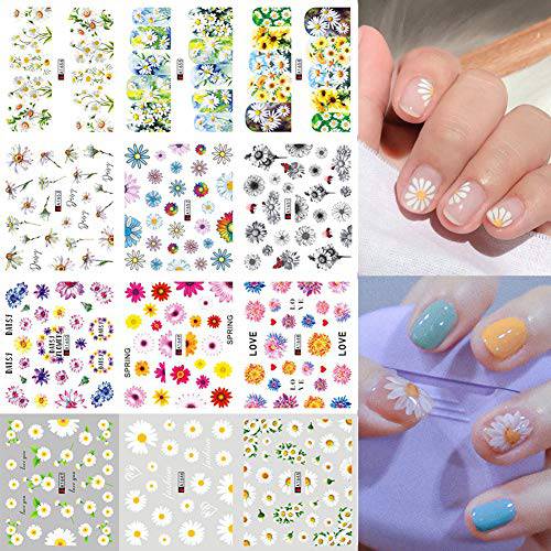 Daisy Nail Water Stickers Decals Sunflower Nail Art Sticker Foil Transfer Summer Nail Art Decorations Watermark Small Daisies Flower Designs Stickers Nail Tattoo Manicure Tips Decoration 12PCS
