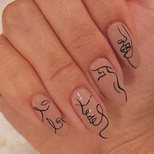Poliphili 24Pcs Colorful Oval Shape Pattern Acrylic Press on False Nails Full Coverage Removable Wear Ballerina Round Long Fake Nails Art Tips for Girls and Women (Geometric Line)