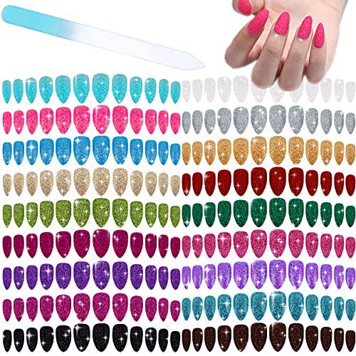 editTime Matte or Glossy Glitter Powder Acrylic False Nails Full Cover Fake Natural Claw Stiletto Ballerina Nails Tips with a Crystal Nail Rubbing Strip (Glossy Ballerina)