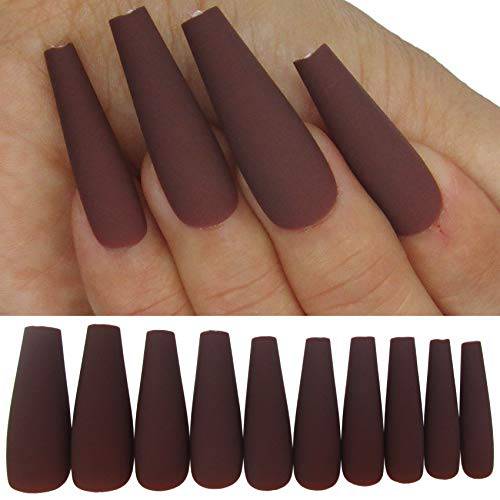 LoveOurHome 100pc Long Coffin Press on Nails Matte Brown Ballerina False Fake Nails Full Cover Artifical Fingernails Acrylic Nail Tips Manicure Extension Decor for Women Girls (Dark Coffee)