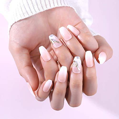 Press on Nails Medium Coffin French Tips False Glossy Acrylic Ballerina Manicure 24 pcs Home DIY Full Cover Fingernails Artificial for Women