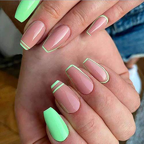 Uranian Coffin Medium Press on Nails French Long Fake Nails Glossy French Ballerina Full Cover False Nails Acrylic Artificial Nails Art for Women and Girls (Style4)