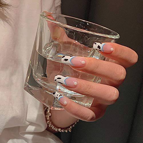 BABALAL Coffin Press on Nails Long Fake Nails 24Pcs Nude Acrylic Nails Cow Stick on Nails Pearl Artificial Nails for Women and Girls