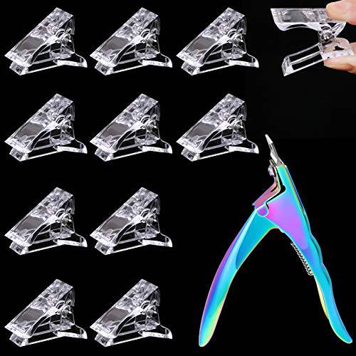 MIKIMIQI 10 Pcs Poly Gel Quick Building Nail Tips Clips Transparent Finger Extension UV LED Builder Nail Tips Clip with 1 Pc Acrylic Nail Tips Clipper Trimmer Cutter for Quick Building DIY Manicure