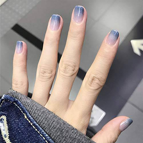 Aimimier 24Pcs French Ombre False Nails Glossy Gradient Full Cover Short Fake Nails with Glue Sticker Salon Clip on Fingernails for Women and Girls (Blue)