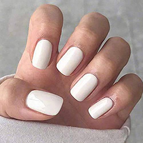 Uranian Short Press on Nails Square White Fake Nails Solid Glue on Nails Glossy False Nails Full Cover Acrylic Nails for Women and Girls (24pcs)(B-White)