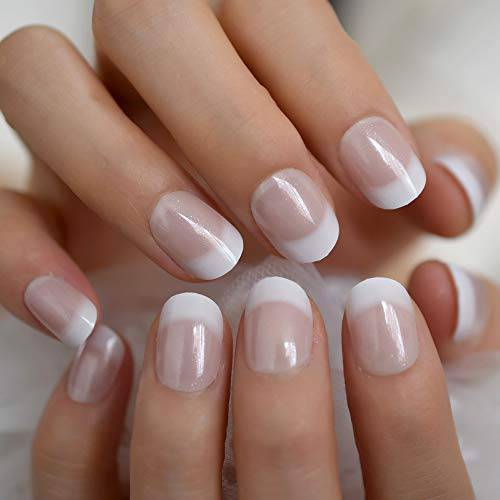 CoolNail Short White French Press on Fake Nails Tips Natural Beige Pink 24pcs Round Head Full Cover faux ongles for Home Office Wear