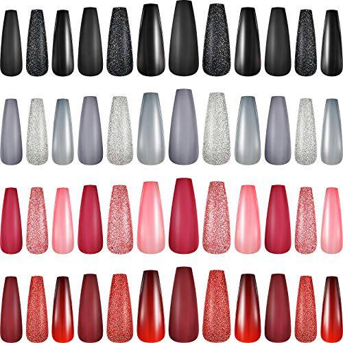 272 Pieces Extra Long Press on Nails Ballerina Coffin Fake Shimmer Coffin False Full Cover Artificial Nails Tips Acrylic Glossy Nails for DIY Nail Salon Women Girls (Black, Silver, Red)