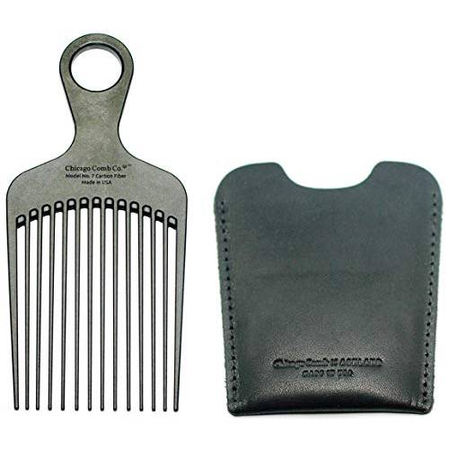 Chicago Comb No. 7 Carbon Fiber + Horween Dublin Black leather sheath, Made in USA, Detangling Pick & Lift Comb, Men & Women, Long, Curly & Thick Hair, Big Beards & Afros, Anti-Static, 6 (15 cm) Long