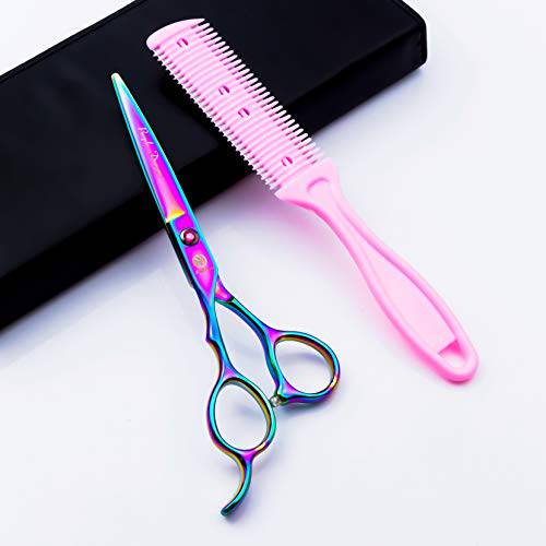 6.0 inch Multicolor Left Handed Hair Cutting Scissors Set with Multifunctional Thinning Comb, Leather Scissors Case, Hair Cutting Shears for Mancinism Hairdresser or Home Use