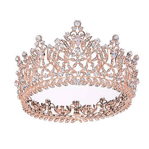 S SNUOY Full Round Crystal Queen Crown Rose Gold Rhinestone Bridal Tiara Headband Pageant Prom Wedding Hair Jewelry