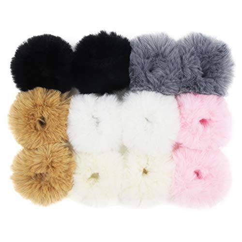 SUSULU Set of 12 Fuzzy Furry Artificial Rabbit Fur Scrunchies Faux Fur Hair Band Rope Hair Holder Wristband Hair Ring Hair Tie Ponytail Holder Hair Accessories (Popular Mix Colors)