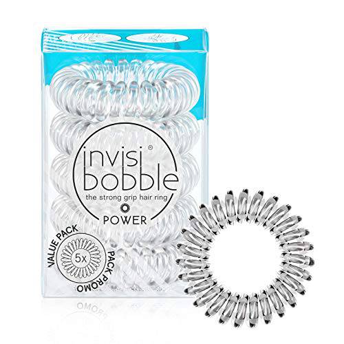invisibobble Power Traceless Spiral Hair Ties - 5 Pack - Crystal Clear - Strong Elastic Grip Coil Hair Accessories for Active Women - No Kink, Non Soaking - Gentle for Girls Teens and Thick Hair