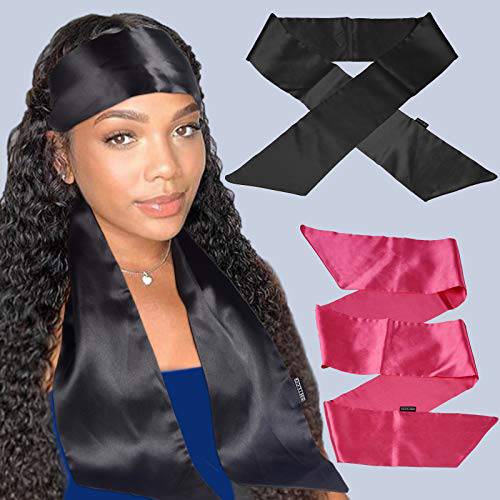 Bevisun 2Pcs Satin Edge Laying Scarf Scarves for Women’s Hair Laying Scarf for Lace Front Wig, Non Slip Hair Wrap Wigs Grip Band for Yoga, Makeup, Facial, Sport (BLACK2PCS)