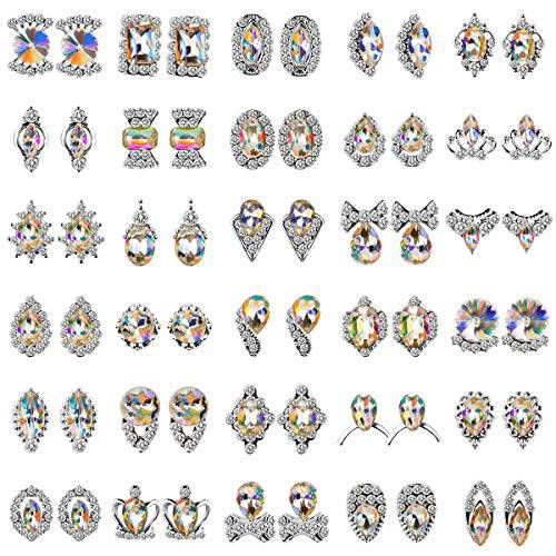 60pcs Rhinestones for Nails, Nail Diamonds Glass Crystal AB Metal Gems Jewels Stones for 3D Nails Art Decoration(30 Styles)